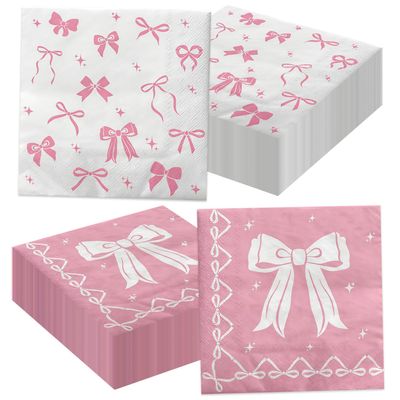 100 Pcs Pink Bow Napkins, Coquette Theme Party Napkins for Pink Bow Birthday Decorations Baby Shower Bridal Coquette Birthday Decorations