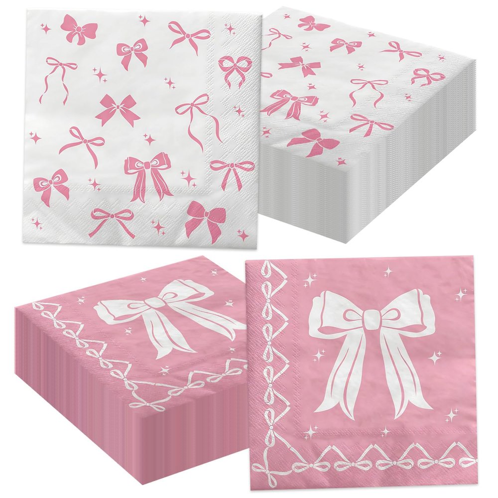 100 Pcs Pink Bow Napkins, Coquette Theme Party Napkins for Pink Bow Birthday Decorations Baby Shower Bridal Coquette Birthday Decorations