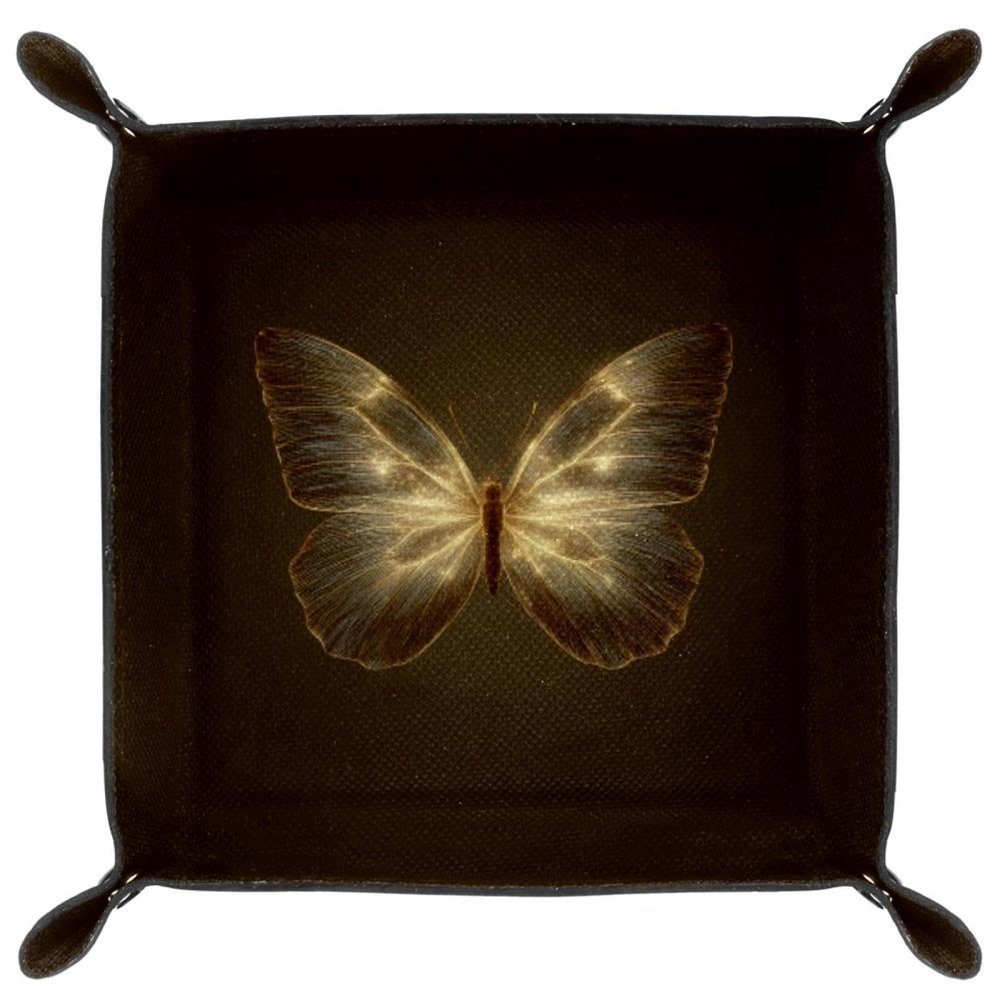 Microfiber Leather Dice Trays Folding for RPG DND Table Games, Dice Holder Storage Box Portable Folding Rolling Dice Tray Gold Growing Butterflies, 20.5x20.5cm