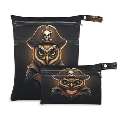 Takiito Pirate Owl 2 Pcs Wet Dry Bags for Cloth Diapers, Waterproof & Reusable Wet Bag for Nursery Beach Pool Gym with Two Zippered Pockets