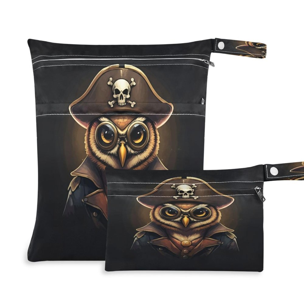 Takiito Pirate Owl 2 Pcs Wet Dry Bags for Cloth Diapers, Waterproof & Reusable Wet Bag for Nursery Beach Pool Gym with Two Zippered Pockets
