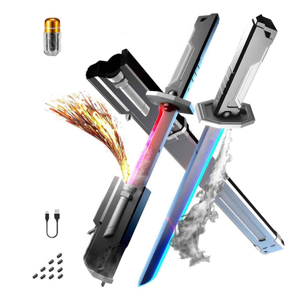 Spark Effect Sword, Auto-Eject Blade with Led Mist/Fog & Motion Sound Fx, USB-C Rechargeable, Replaceable Flint Sparks, Cosplay, Rave, Prop & Collectible (Short17.7in)