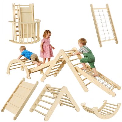 IDEALHOUSE Pikler Triangle Set 8-in-1 Foldable Baby Climbing Toys Wooden Climbing Set with Arch&Ramp&Ladder Baby Climber Indoor Jungle Gyms for Toddlers Toys, Christmas for Kids