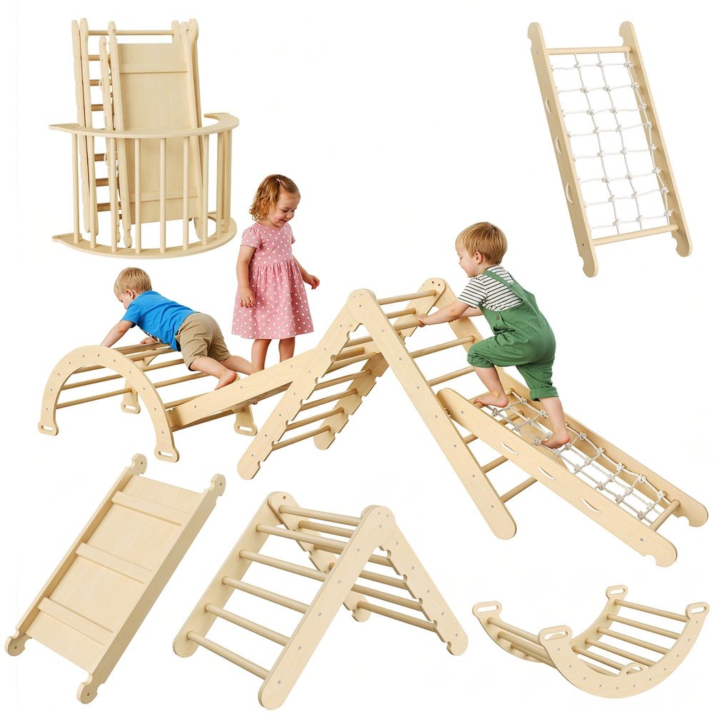 IDEALHOUSE Pikler Triangle Set 8-in-1 Foldable Baby Climbing Toys Wooden Climbing Set with Arch&Ramp&Ladder Baby Climber Indoor Jungle Gyms for Toddlers Toys, Christmas for Kids