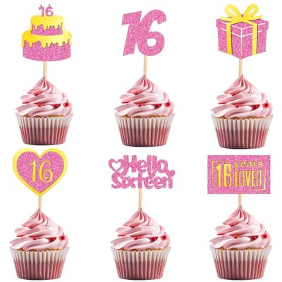 12 Pcs Happy 16th Birthday Cupcake Toppers Glitter Hello Sixteen Cake Decor Pink Cake Decorations for 16th Birthday Party Supplies
