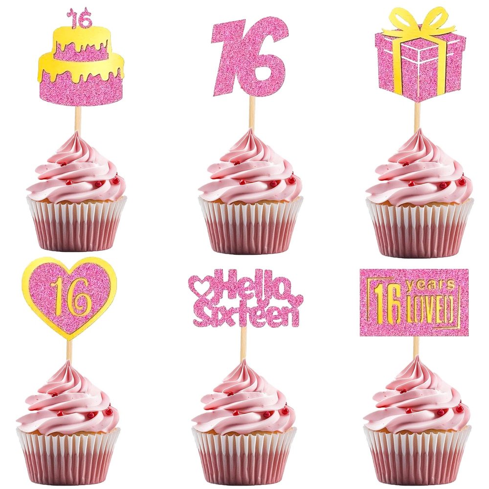 12 Pcs Happy 16th Birthday Cupcake Toppers Glitter Hello Sixteen Cake Decor Pink Cake Decorations for 16th Birthday Party Supplies
