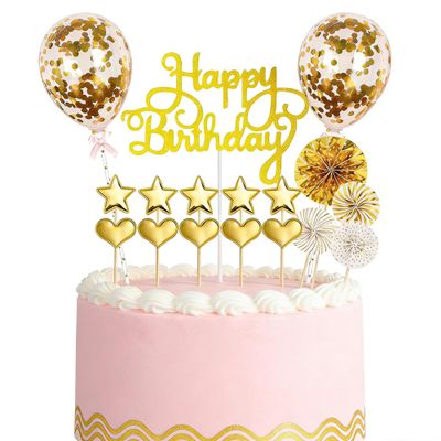 17 Pcs Gold Happy Birthday Cake Topper Set Star Heart Cake Picks Confetti Balloon Fan Cake Decorations for Men Women Birthday Party Supplies