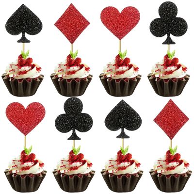 12 Pcs Casino Cupcake Toppers Glitter Poker Game Cupcake Picks for Las Vegas Casino Night Theme Gambling Birthday Party Cupcake Decorations Supplies