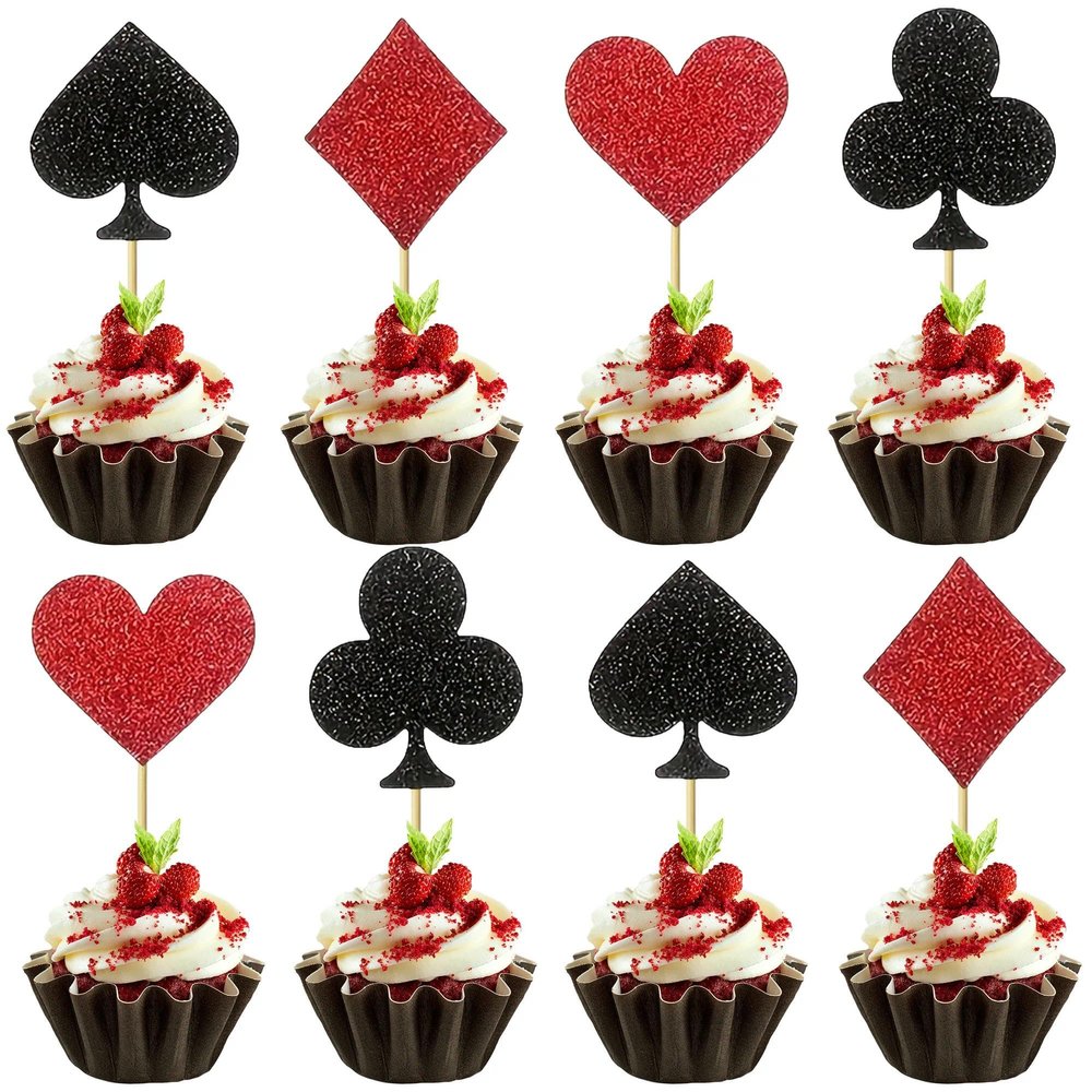 12 Pcs Casino Cupcake Toppers Glitter Poker Game Cupcake Picks for Las Vegas Casino Night Theme Gambling Birthday Party Cupcake Decorations Supplies