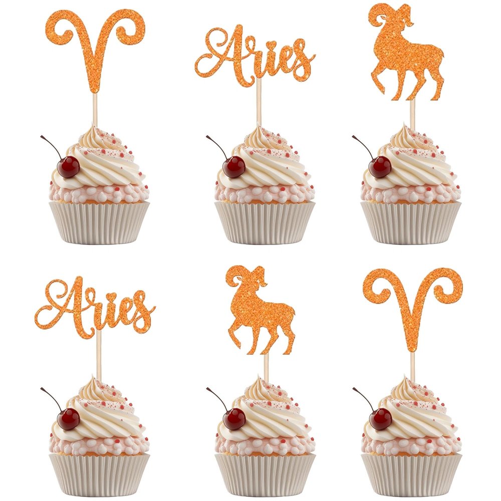 12 Pcs Aries Cupcake Toppers Orange Glitter Zodiac Cupcake Decorations for Horoscope Birthday Party Cupcake Decor Supplies