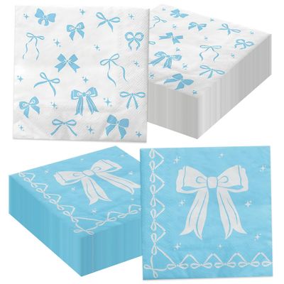 100 Pcs Blue Bow Napkins, Coquette Theme Party Napkins for Blue Bow Birthday Decorations Baby Shower Bridal Coquette Birthday Decorations
