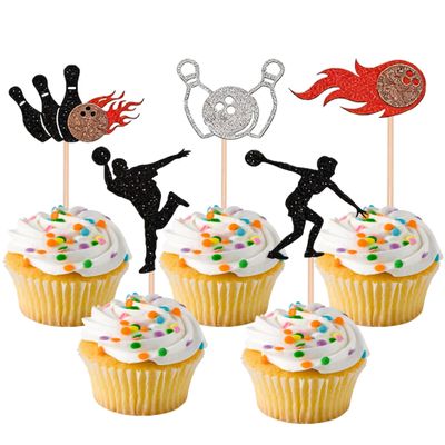 10 Pcs Bowling Cupcake Toppers Glitter Cupcake Decor Sports Theme Cupcake Decorations for Kids Boys Girls Birthday Party Supplies