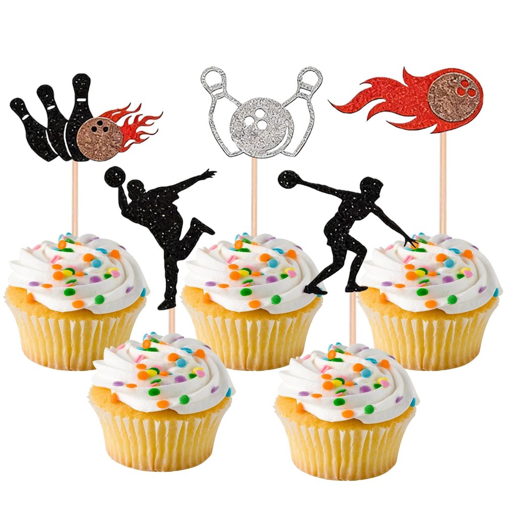 10 Pcs Bowling Cupcake Toppers Glitter Cupcake Decor Sports Theme Cupcake Decorations for Kids Boys Girls Birthday Party Supplies