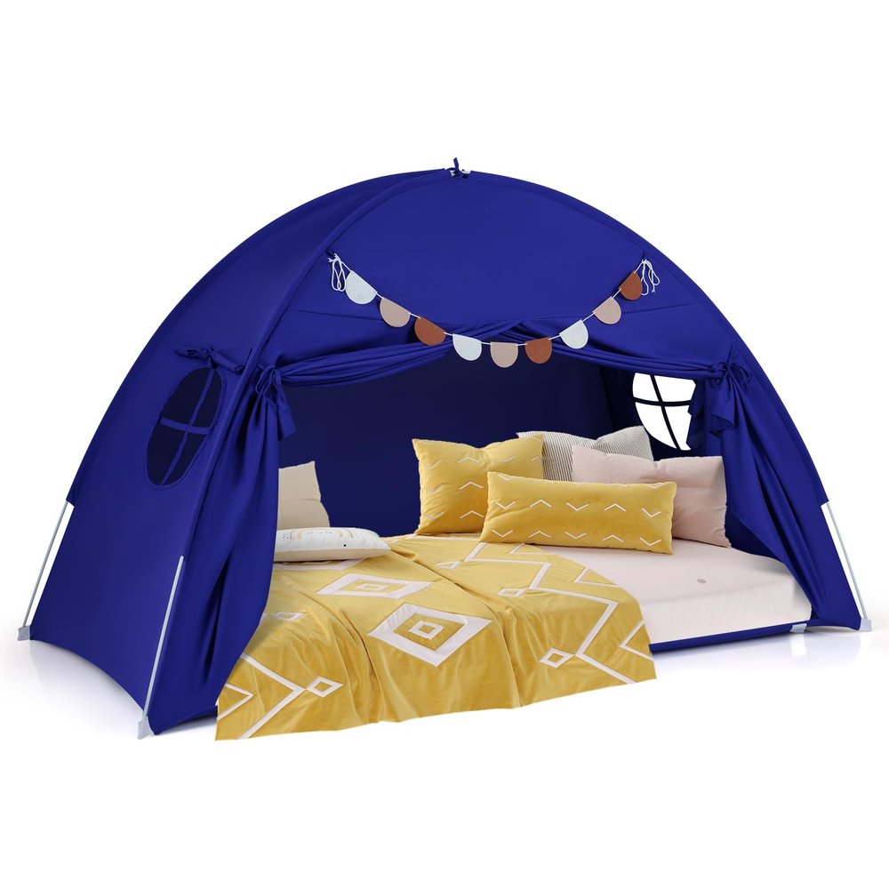HONEY JOY Bed Tent Twin for Kids, Foldable Play Tent Canopy w/Flags, Windows, Indoor Outdoor Playhouse Toddler Tent, 79 x 39 x 48, Washable, Kids Tent for Boys Girls Aged 3+, Birthday (Navy)