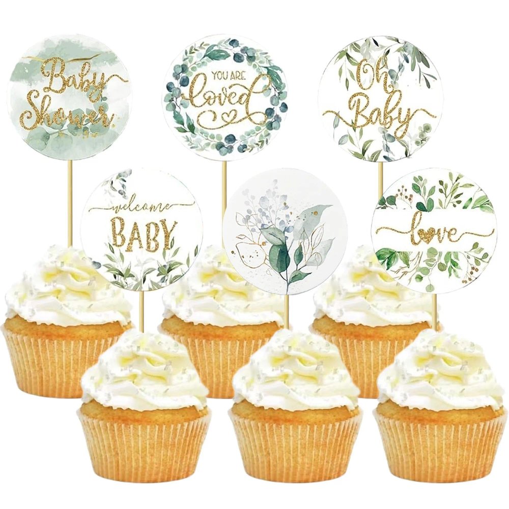 12 Pcs Baby Shower Cupcake Toppers Green Leaves Welcome Baby Cupcake Picks for Gender Reveal Boys Girls Birthday Party Cupcake Decorations Supplies
