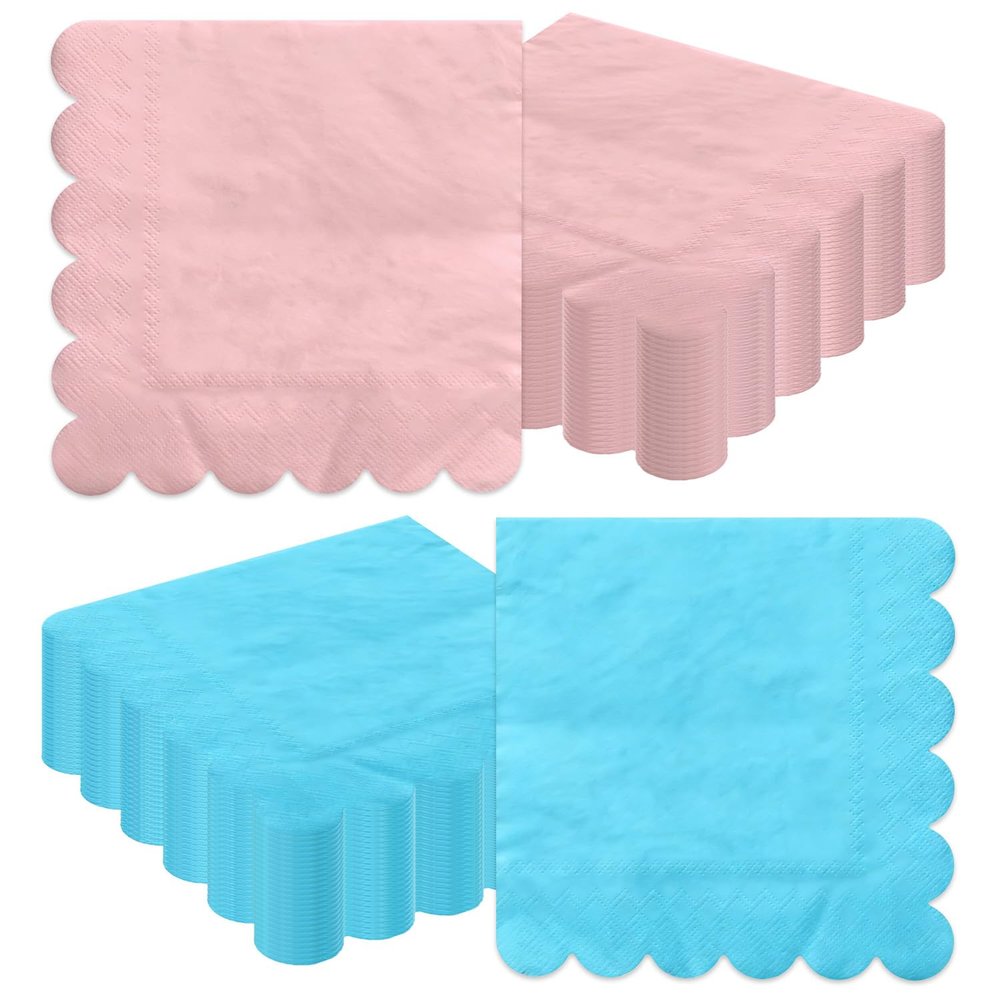 100 Pcs Gender Reveal Napkins, Pink and Blue Baby Shower Scalloped Edges Napkins for Boy or Girl Party Gender Reveal Decorations