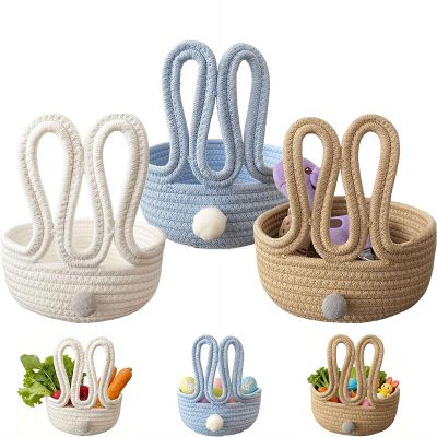 3Pcs Desktop Rabbit Basket Organizer,Foldable Multi Use Woven Cotton Rope Storage Bin,Snack Holder,Home Sundries Organizing Basket,Cosmetics Snacks for Easter Egg Hunt Decor Spring Home (Multicolor)