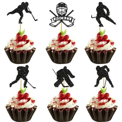 12 Pcs Hockey Cupcake Toppers Black Glitter Ice Hockey Players Cupcake Picks Sports Theme Cake Decor for Baby Shower Boys Girls Birthday Party Cupcake Decorations Supplies