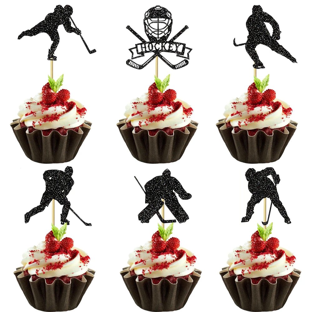 12 Pcs Hockey Cupcake Toppers Black Glitter Ice Hockey Players Cupcake Picks Sports Theme Cake Decor for Baby Shower Boys Girls Birthday Party Cupcake Decorations Supplies