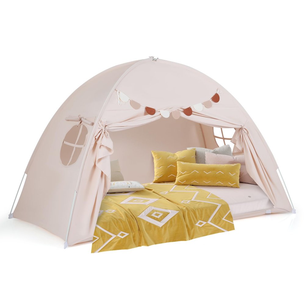 HONEY JOY Bed Tent Twin for Kids, Foldable Play Tent Canopy w/Flags, Windows, Indoor Outdoor Playhouse Toddler Tent, 79 x 39 x 48, Washable, Kids Tent for Boys Girls Aged 3+, Birthday (Beige)