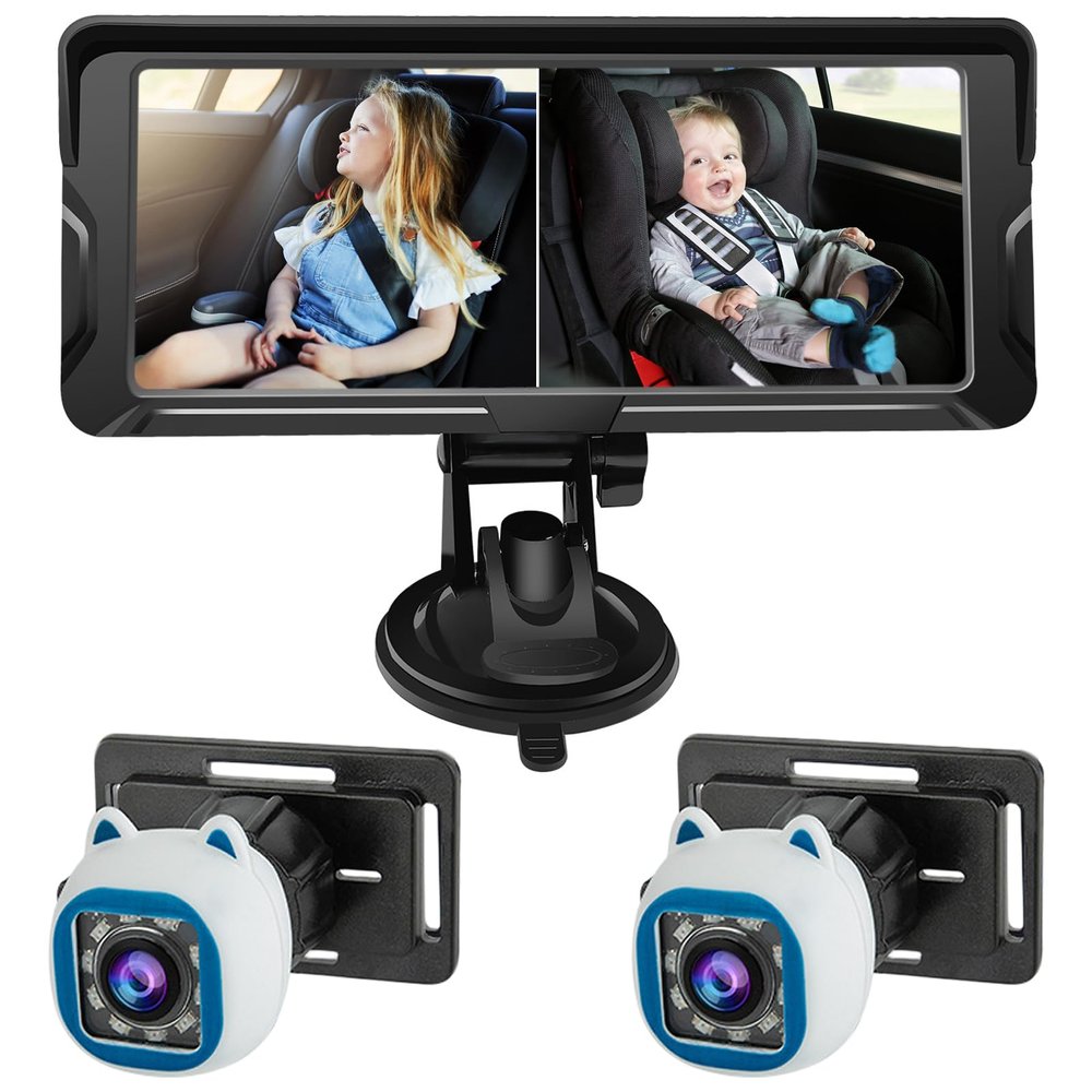CIOURSTO Dual Baby Car Camera for 2 Kids, 6.86 Inch IPS AHD 1080P Split Screen Monitor with 360 Rotatable IR Night Vision Camera and 150 Wide Viewing Angle for Rear Facing Seat