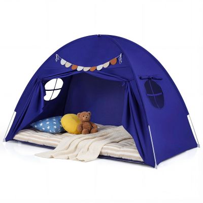 Costzon Toddler Bed Tent, Twin Size Indoor Canopy Tent for Kids w/ 2 Windows, Flag Banner, Brushed Fabric Privacy Playhouse, Portable Play Tent for Bunk Bed, Playroom, Suits 3+ Boys & Girls (Navy)