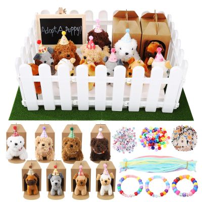 Angirlish 58 Pcs Adopt A Puppy Party Favors Set 12 Plush Puppy Toys Birthday Hats Fence Lawn Blackboard Gift Bags for Adopt A Pet Theme Birthday Party Supplies