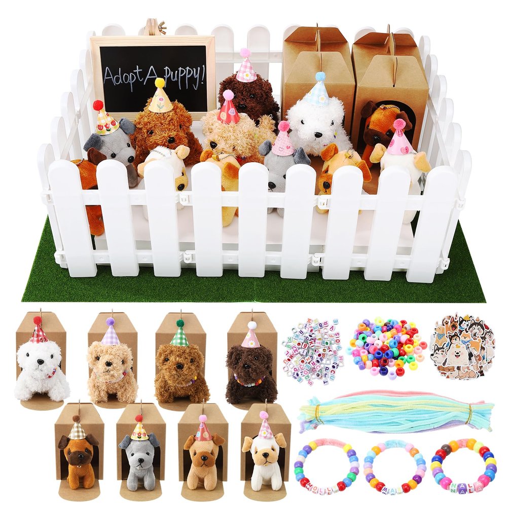 Angirlish 58 Pcs Adopt A Puppy Party Favors Set 12 Plush Puppy Toys Birthday Hats Fence Lawn Blackboard Gift Bags for Adopt A Pet Theme Birthday Party Supplies