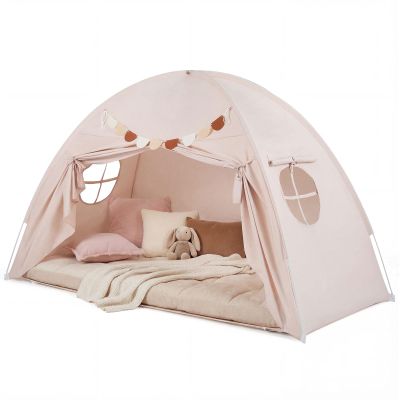 Costzon Toddler Bed Tent, Twin Size Indoor Canopy Tent for Kids w/ 2 Windows, Flag Banner, Brushed Fabric Privacy Playhouse, Portable Play Tent for Bunk Bed, Playroom, Suits 3+ Boys & Girls (Beige)