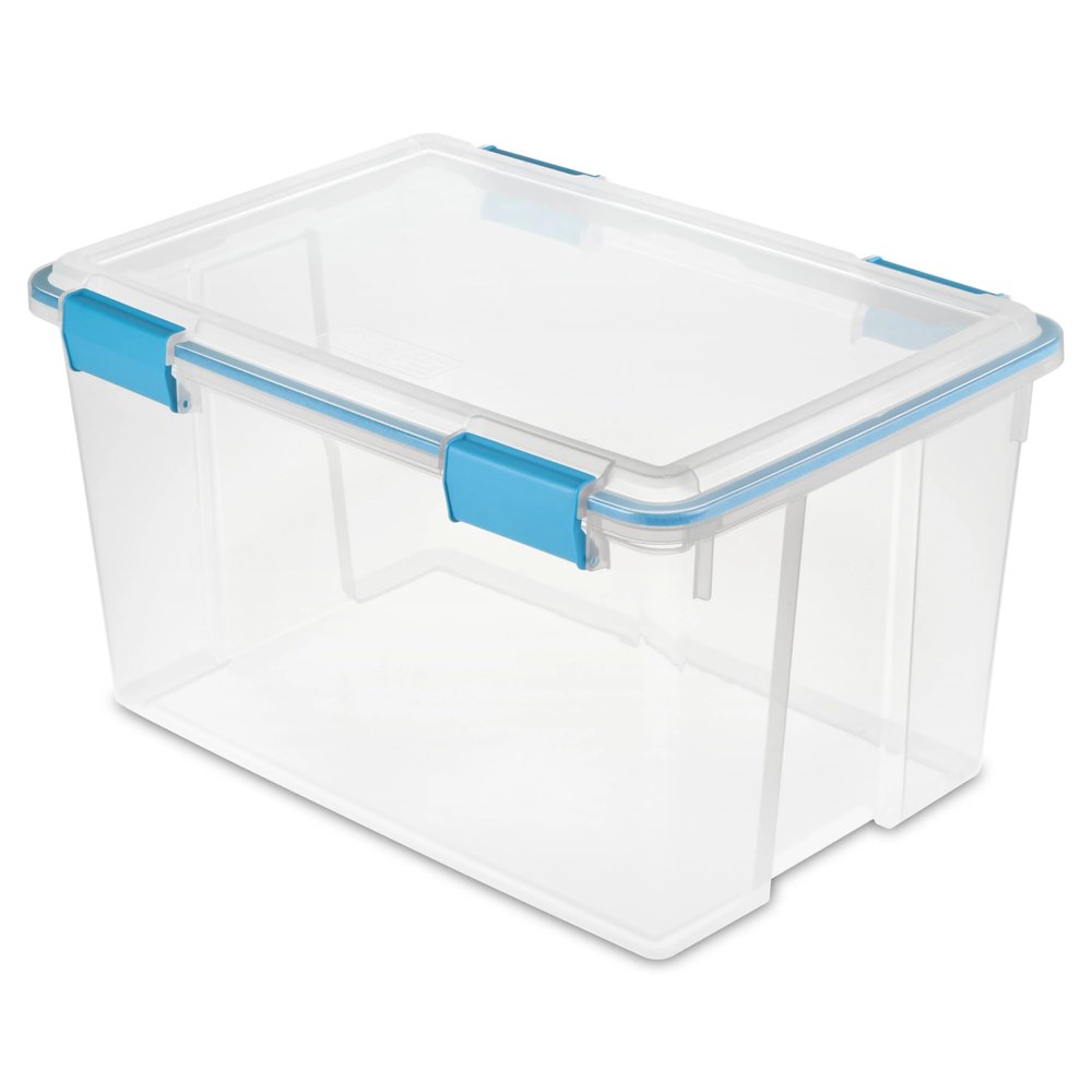 54 Quart Gasket Storage Box, Weather Resistant Clear Plastic Storage Bin with Latch Lid, Blue, Stackable Heavy Duty Storage Container for Home Garage Basement