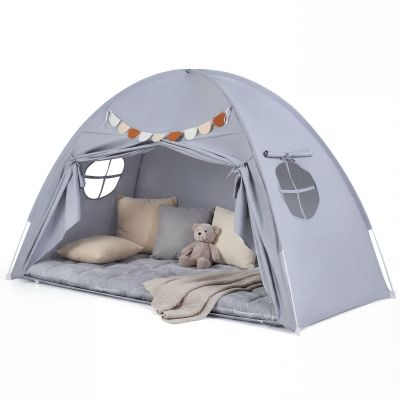 Costzon Toddler Bed Tent, Twin Size Indoor Canopy Tent for Kids w/ 2 Windows, Flag Banner, Brushed Fabric Privacy Playhouse, Portable Play Tent for Bunk Bed, Playroom, Suits 3+ Boys & Girls (Grey)