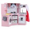 GLACER Wooden Kids Corner Play Kitchen Set, Pretend Cooking Toy Set w/Realistic Lights, Sounds, Water Features & Lighted Range Hood, Ideal Gift for Kids 3+ Years Old (Pink) view 1