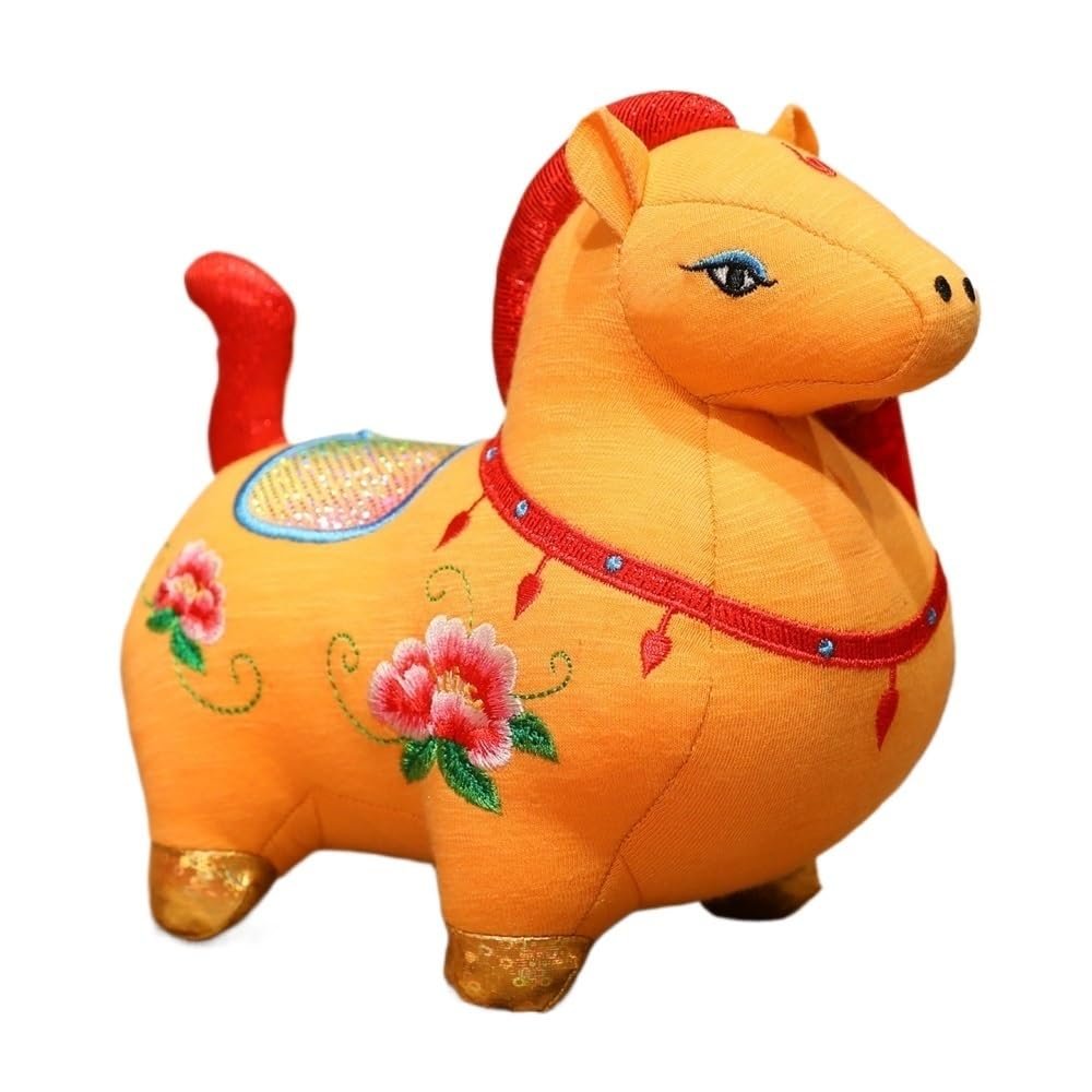 Chinese Style Folk Flower Cloth Horse Plush Toy - Year of The Horse Zodiac Doll for Home Decoration(Yellow,9 inches)