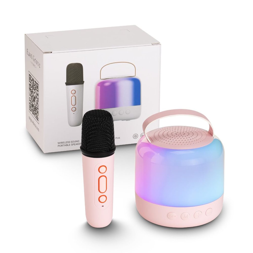 Retro Wireless Karaoke Speaker 500MaH USB-C Rechargeable with Microphone in Pink and RGBCW Color Changing Light
