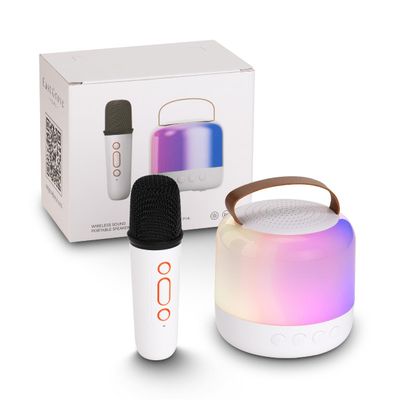Retro Wireless Karaoke Speaker 500MaH USB-C Rechargeable with Microphone in White and RGBCW Color Changing Light