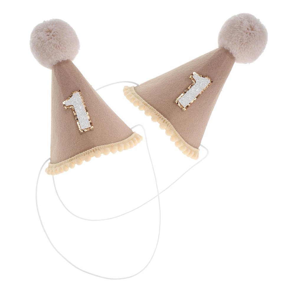 ARTIBETTER Birthday Party Hats Cone-shaped Felt Beanie with Pom Poms for Boys, 2pcs Brown Felt Party Caps for Birthday Celebrations and Dress-up Accessories