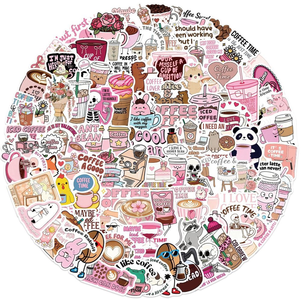 100Pcs Funny Cartoon Coffee Stickers Coffee Quote Lovers Decals Funny Meme Silly Coffees Sticker for Water Bottle Laptop Luggage Skateboard Snowboard for Party Favors Decoration (Coffee)