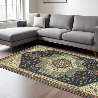 HomeRoots 574613 8 x 11 ft. Oriental Rectangle Area Rug with Fringe Blue Ivory & Orange