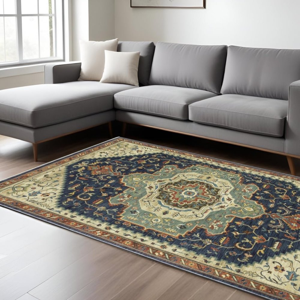 HomeRoots 574613 8 x 11 ft. Oriental Rectangle Area Rug with Fringe Blue Ivory & Orange