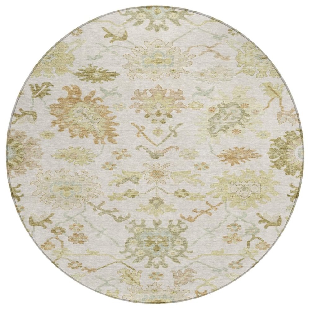 HomeRoots 605213 8 ft. Ivory Green & Tan Round Floral Washable Indoor & Outdoor Area Rug