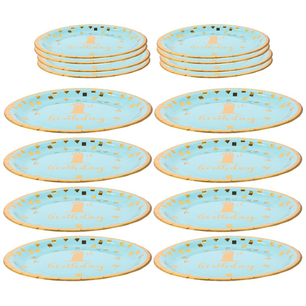 DOITOOL 16pcs First Birthday Party Paper Plates Set, 7" and 9" Disposable Dinner Plates with Gold Foil Accent, 1st Birthday Tableware for Boys