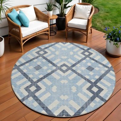 HomeRoots 578444 8 ft. Round Geometric Washable Indoor & Outdoor Area Rug Sky Blue Navy Blue & Ivory