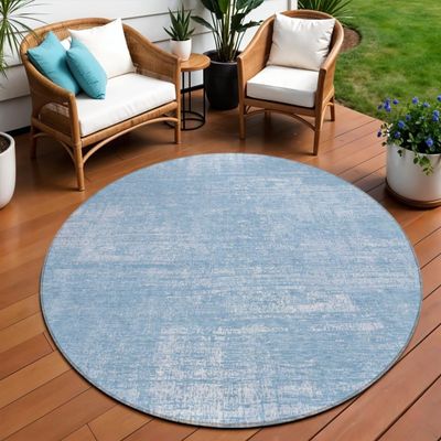 HomeRoots 588770 8 ft. Round Abstract Washable Indoor & Outdoor Area Rug Navy Blue & Sky Blue