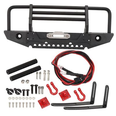 Metal Front Bumper for - 4 Axial SCX10 90046 RC Car, Heavy Duty RC Car Accessory with Red Hooks and LED Lights, Durable RC Spare Parts for Off - Road Adventure