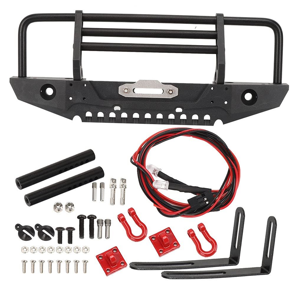 Metal Front Bumper for - 4 Axial SCX10 90046 RC Car, Heavy Duty RC Car Accessory with Red Hooks and LED Lights, Durable RC Spare Parts for Off - Road Adventure