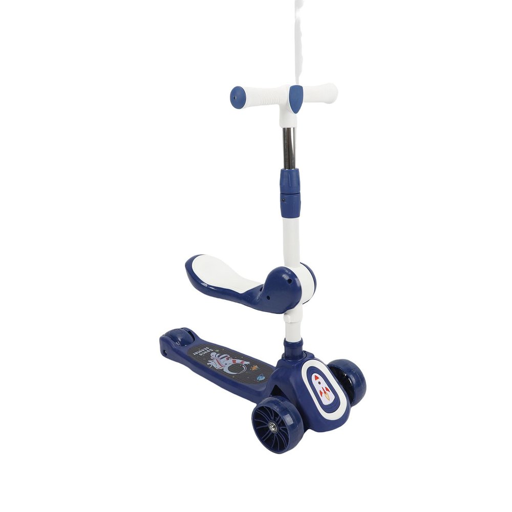 ToysCentral Basics Kids Scooter with Seat, Adjustable Height 4 Gears 62cm to 78cm Folding Scooter for 1-10 Year Olds, with Flashing Wheels and Built in Music (Blue)