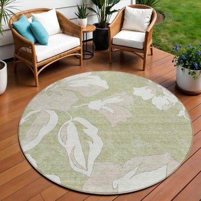 HomeRoots 589520 8 ft. Round Floral Washable Indoor & Outdoor Area Rug Artichoke Green Ivory & Taupe