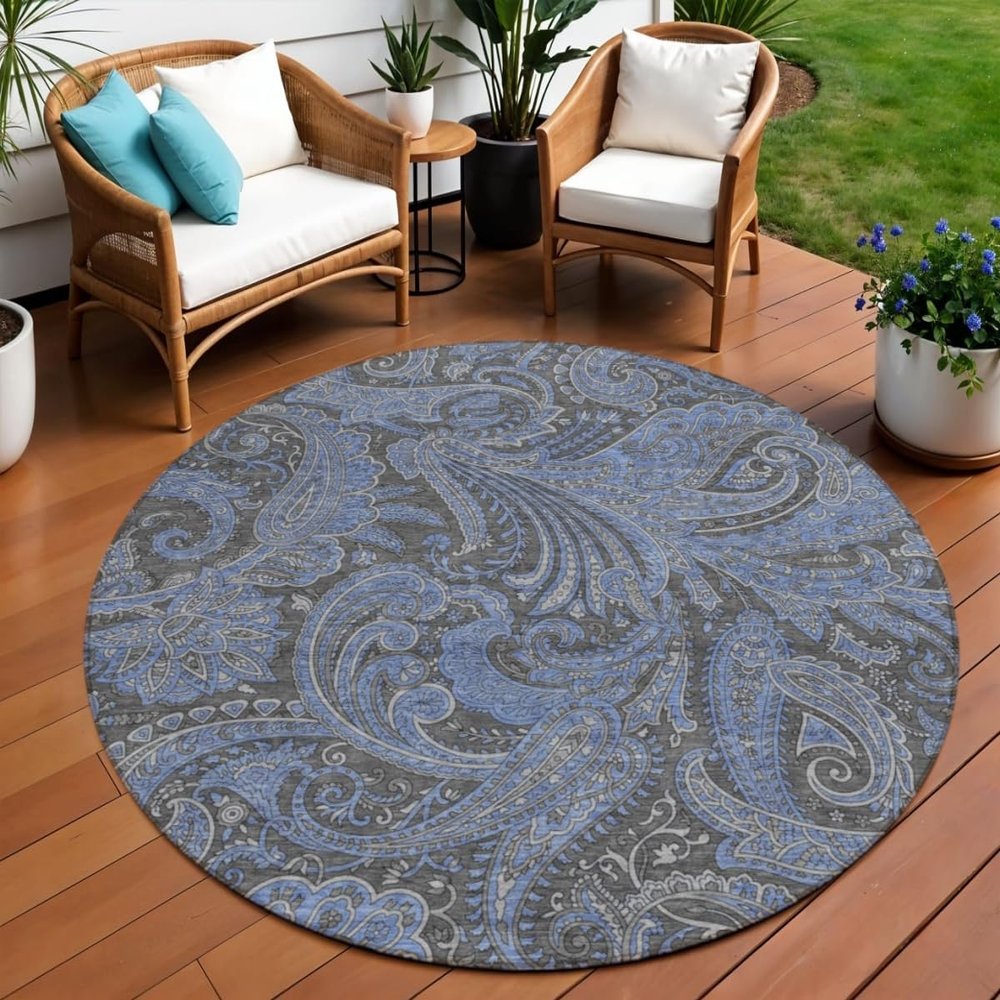 HomeRoots 580156 8 ft. Round Paisley Washable Indoor & Outdoor Area Rug Charcoal Gray & Blue
