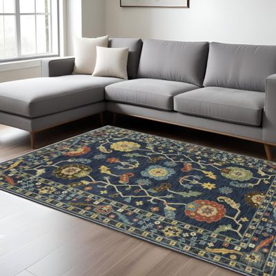 HomeRoots 574588 8 x 11 ft. Oriental Rectangle Area Rug with Fringe Blue & Gold