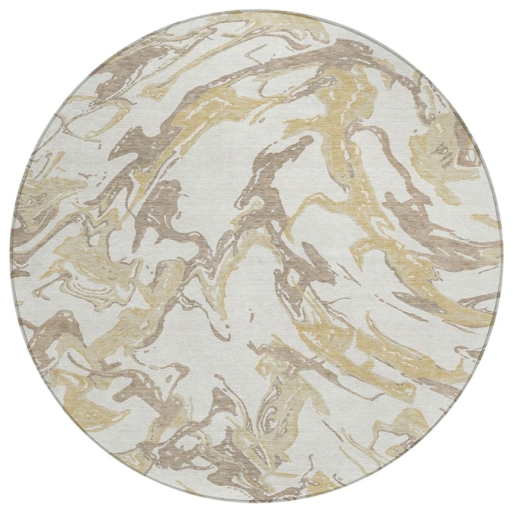 HomeRoots 600098 8 ft. Ivory Gold & Brown Round Abstract Washable Indoor & Outdoor Area Rug